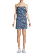 ALICE + OLIVIA Blue Garden Party Floral Print Ruffle Silk Mini Slip Dress XS 0/2