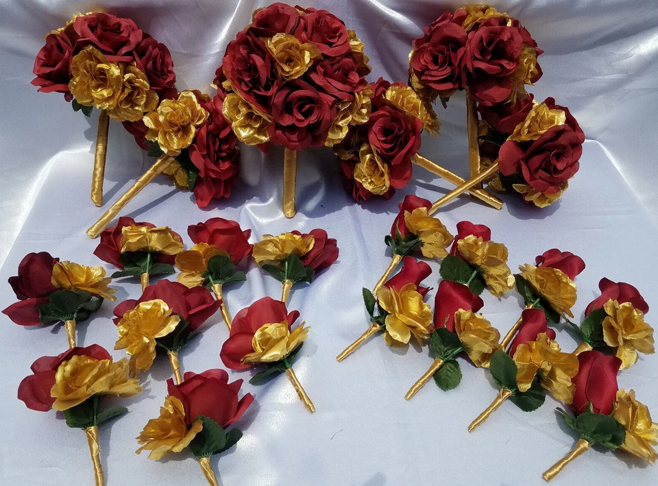 22 PC, Wedding Bouquet Set, Burgandy & Gold Roses, Wedding Flower Packages - Image 2 of 4