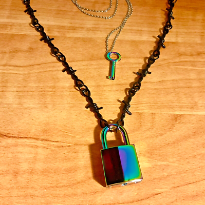 Barbed wire choker,iridescent padlock necklace,lock necklace,sub  collar,rainbow