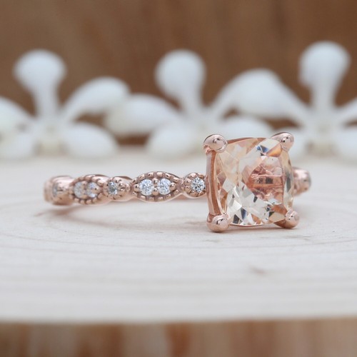 Cushion Peach Morganite Engagement Ring, Solitaire Rose Gold Wedding Ring KD264 - Picture 2 of 9