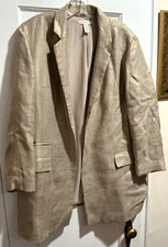 Chicos Blazer Boyfriend Jacket Beige Linen w Metallic Gold Shimmer Sz 2 US L EUC