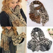 Women Ladies Leopard Print Soft Chiffon Shawl Neck Scarf Sca Long T7G1 B3Q3丨US