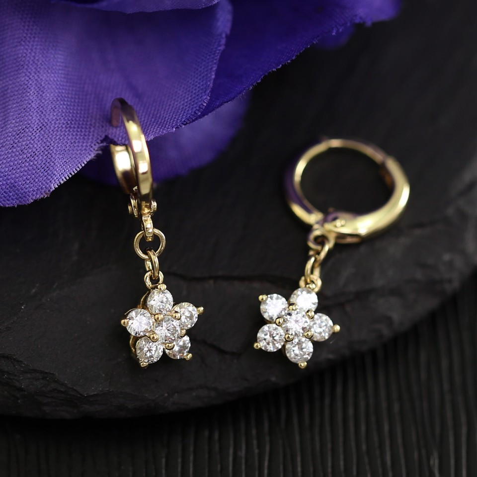 9CT GOLD GF CRYSTAL 5petal FLOWER DROP DANGLE LADY GIRL XMAS GIFT HOOP
