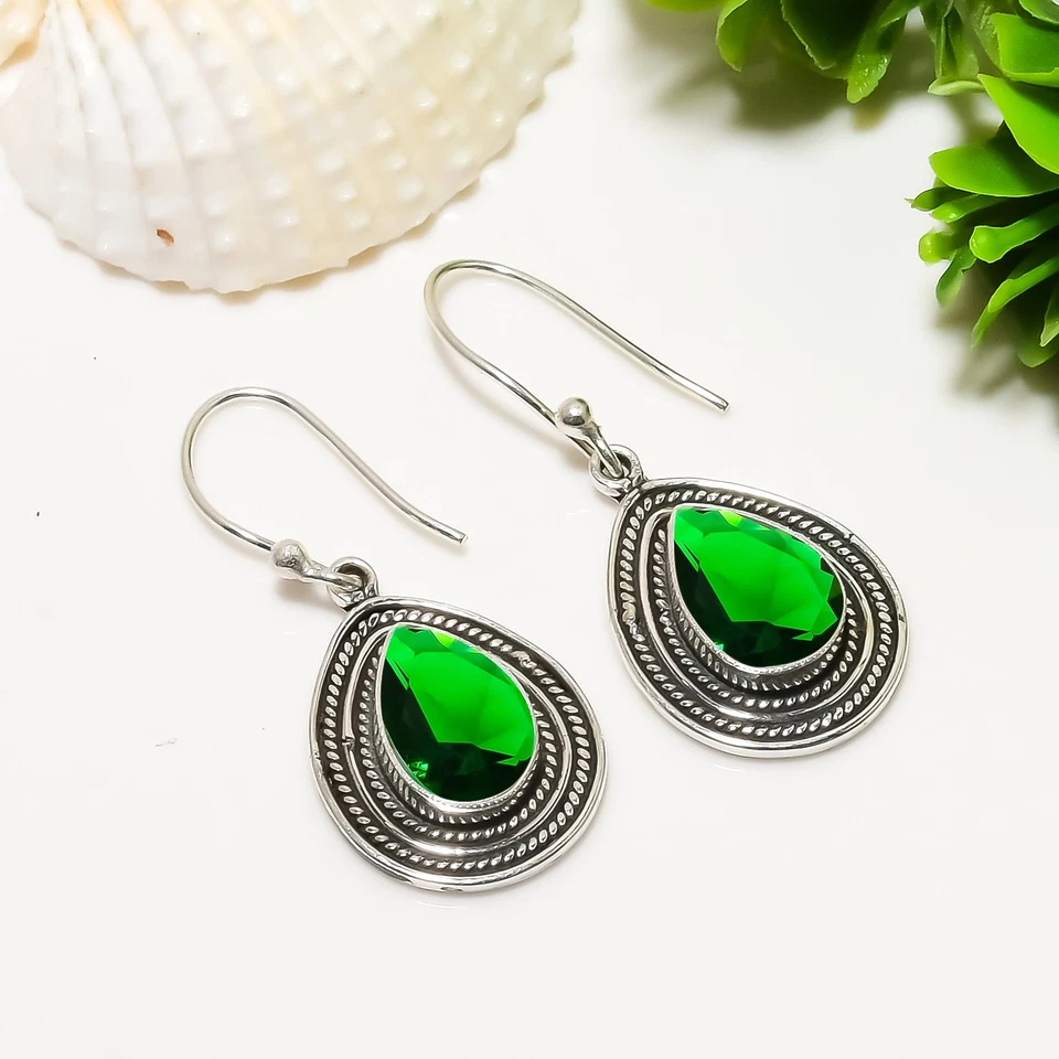 Pendiente de joyería de plata de ley 925 con piedras preciosas de diopsido cromado, hermoso pendiente Foto 2 de 4