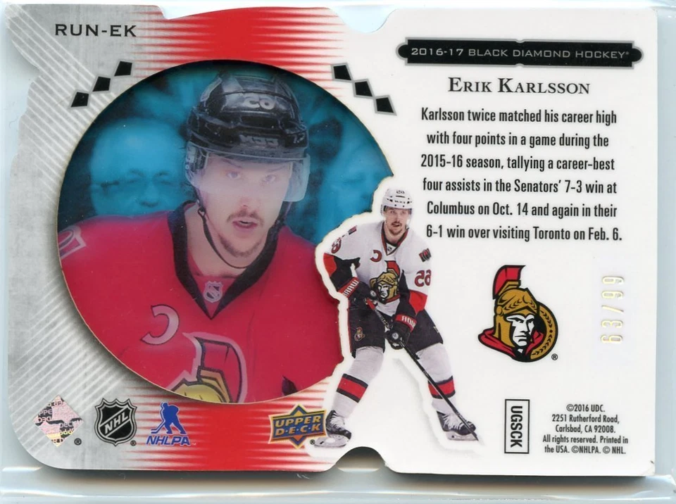 16/17 BLACK DIAMOND RUN FOR THE CUP ERIK KARLSSON 63/99 SENATORS *45684 - Image 2 of 2