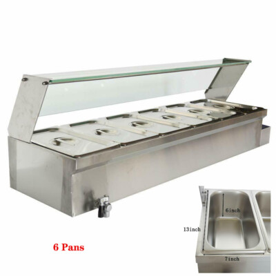 Electrics Stainless Steel 6-Pan 6'' Deep Food Warmer 110V 1500W w/ Glass Guard 