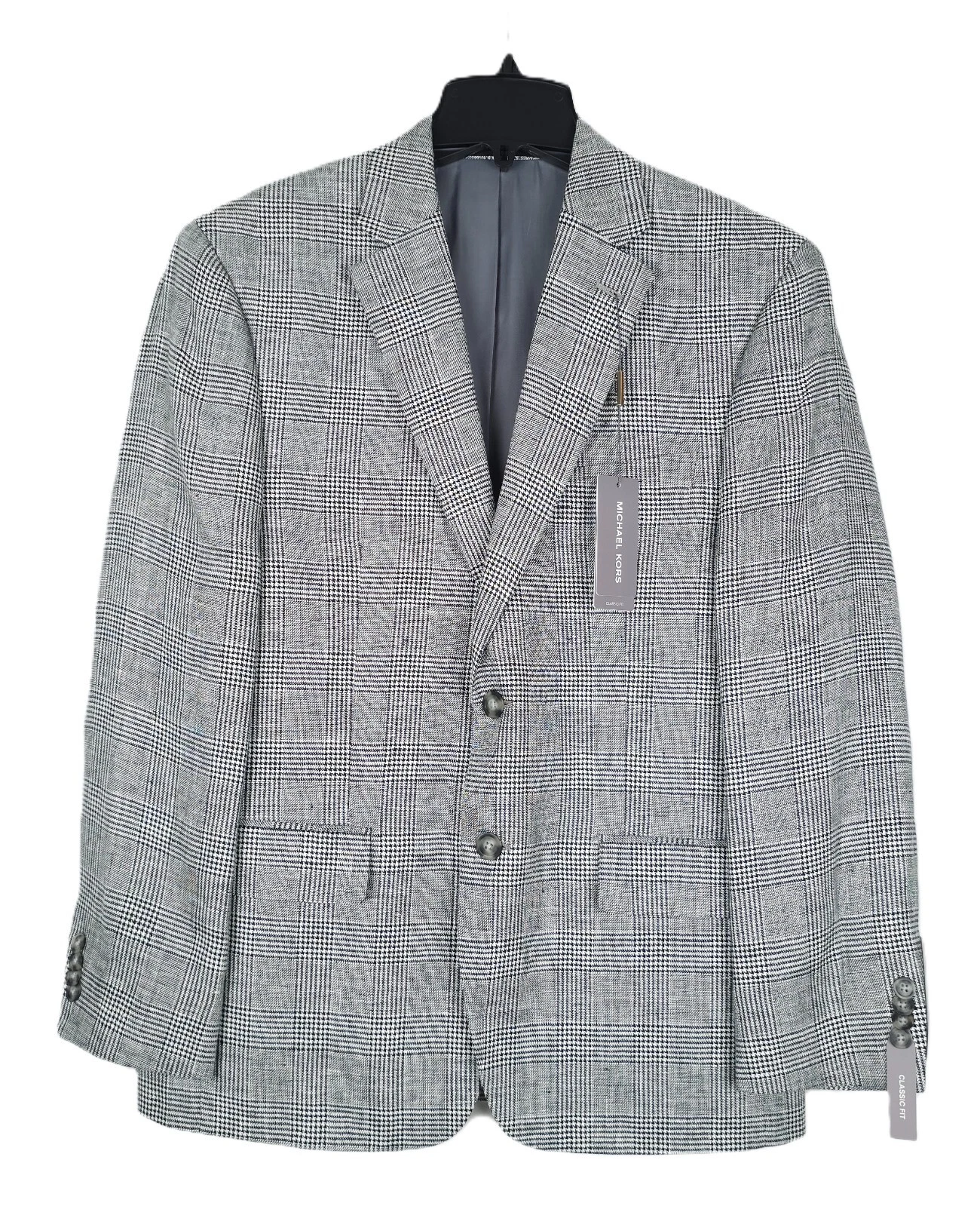 Michael Kors Mens Classic Fit Linen Sport Coat Blazer 38R Black White Plaid NWT