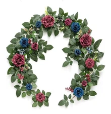 Ling's Moment 5FT Burgundy & Navy Blue Artificial Flower Garland w/ Rose Leaves
