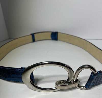 White House Black Market Women Belt M/L Bright Blue Faux Snake Skin Silver