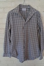 Mens Calvin Klein Button Down Dress Shirt Size M Grey Plaid Slim Fit