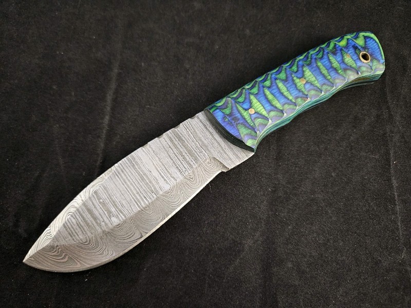 8.5 inch Damascus Steel Hunting Knife with Tooled Leather Sheath, 4 inch Blade C