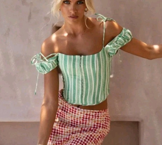 VRG GRL Green Corset Top Size 10 Cropped 100% Linen Sexy Cute