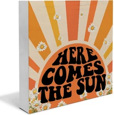Summer Decor, Retro Daisy Summer Theme Here Comes the Sun Wooden Box Sign Rustic