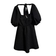 Free People Black Textured Puff Sleeve Babydoll Mini Dress Open Back XS