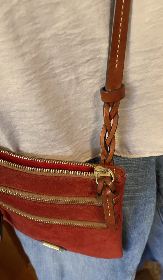 Dooney & Bourke Red Suede Triple Zip Crossbody Purse 8” Lined Lng Strap 26” Drop - Image 4 of 4