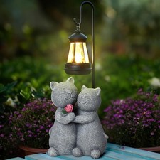 Outdoor Cat Garden Statues with Solar Lantern - Romantic Resin Kitty Gray