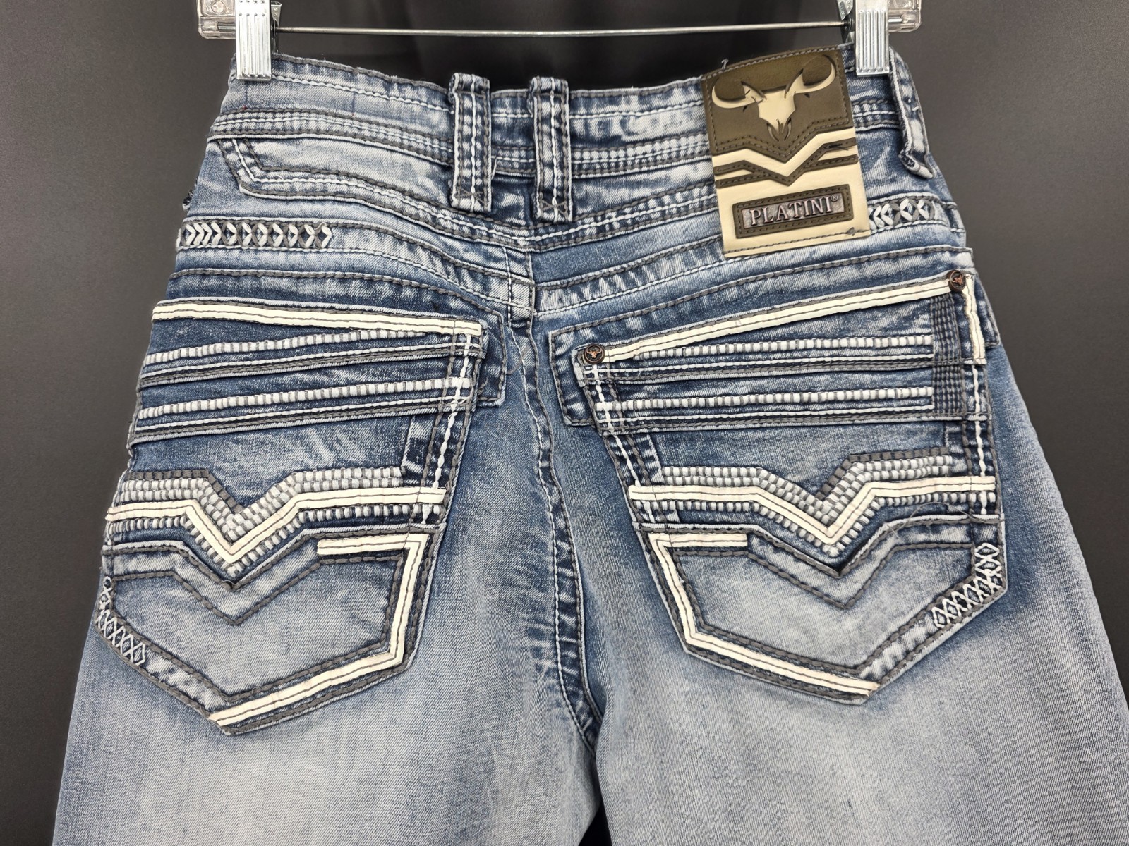 Platini Boot Cut Jeans Mens 34x32 Blue Distressed Y2K Western Stitch Embroidered