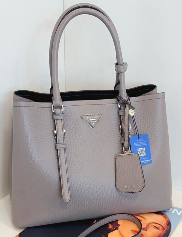 PRADA Double Bag Tote in Elephant Gray with Cross Pattern 2WAY Shoulder Handbag for Women