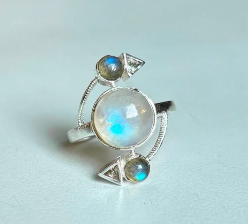 Natural  Rainbow Moonstone Ring 925 Sterling Silver Handmade Gemstone Jewelry