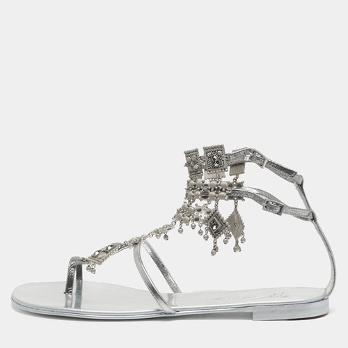 Giuseppe Zanotti Amira Size 37 Silver Leather Charm Embellished Gladiator Flat