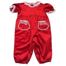 Vintage Evy Red Velvet Baby Romper Candy Stripe Holiday Christmas Outfit Size 3m