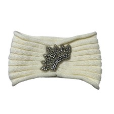 Women Ivory Knitted Headband Rhinestone Leaf LCrown Embellishment Headpiece