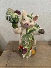Fitz and Floyd Essential Percy The Pig Figurine  12” Majolica Kitchen Garden