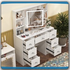 Vanity Desk With Smart LED Mirror Makeup Dressing Desk w/7 Drawers Crystal Pull