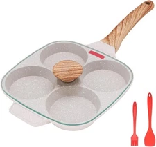 Nonstick 4-Cup Egg Frying Pan with Lid, for Gas & Induction, White