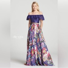 Ellie Wilde EW118105 Purple Off Shoulder Two Piece Floral Dress Size 2