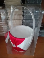 WHITE AND RED WEDDING FLOWER GIRL/BRIDESMAID BASKET WITH BOW AND DIAMONDS