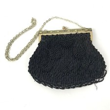 Vtg Beaded Black Evening Bag Hand made in Hong Kong deco clasp pouch with chain