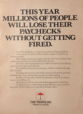 1974 The Travelers Insurance PRINT AD Lose Paycheck w/o Getting Fired VTG 1970s