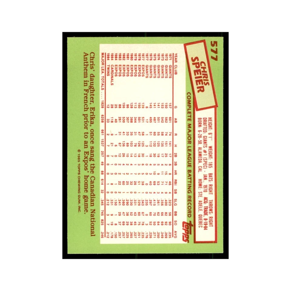 Chris Speier 1985 Topps Tiffany #577 Baseball Cards Baseball Card NM - Image 2 of 3