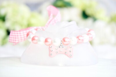 NEW! Luxury Pink Rhinestone Bow & Pearl Pet Dog Collar Enchanted Pets Cats Pigs