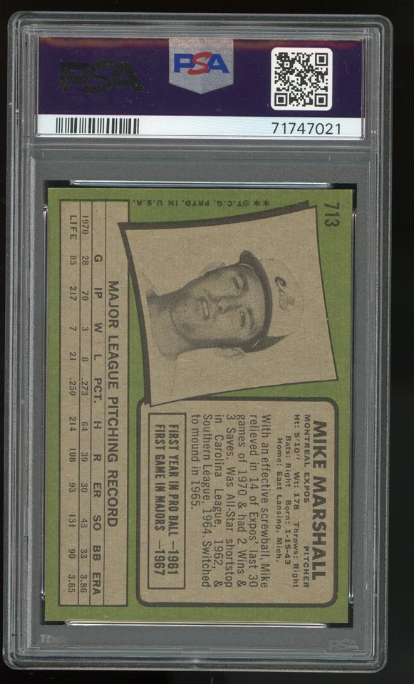 1971 Topps Mike Marshall SP #713 PSA 7 NM Looks So SHARP + Vibrant! Fresh Grade! - Image 2 of 2