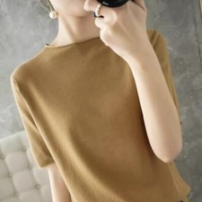 Women Knit Sweater Short Sleeve Jumper Thin Faux Cashmere Bottoming Shirt Slim