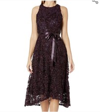 Tahari ASL Women's Purple Embellished Soutache Fit & Flare Dress Size 14