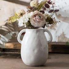 White Ceramic Vase with 2 Handles, Modern Farmhouse Decorative, Rustic Terrac...