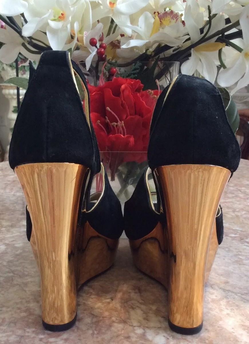 Michael Michael Kors Gideon Black Suede Gold Wedge Sandal Sz Michael Michael Kors Gideon Black Suede Gold Wedge Sandal Sz