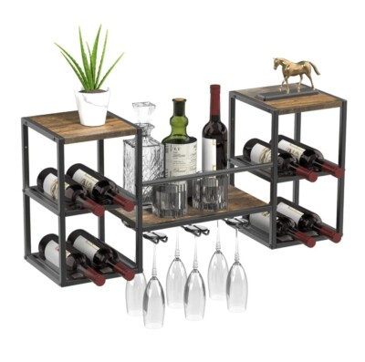 MOOMLIFE Wine Rack Wall Mounted with 3 Stem Glass Holders, Holds 12 Bottles W...