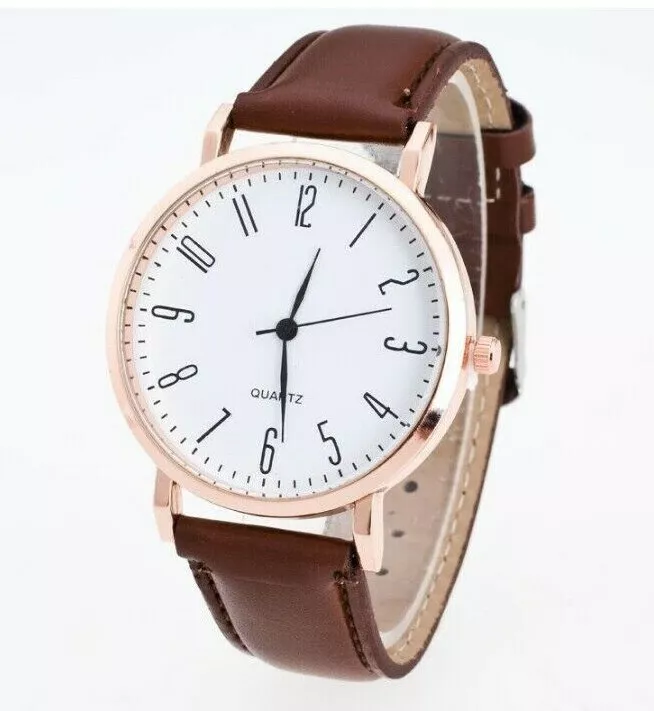 Quartz wrist watch white face gold trim leather band men
