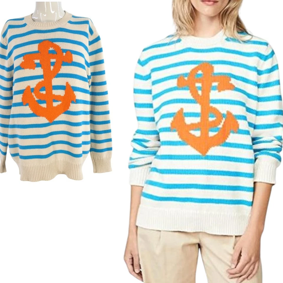 Chinti and Parker Jumper Anchor Chunky Knit Sweater Cream Blue Stripes Size S