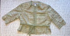 Design Elements Womens Green Woven 3/4 Sleeve Silk Belt Open Front Jacket Sz 22w