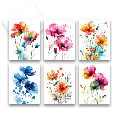 12 All Occasion Note Cards Blank with Envelopes - WATERCOLOR FLOWERS ( 2 of Each