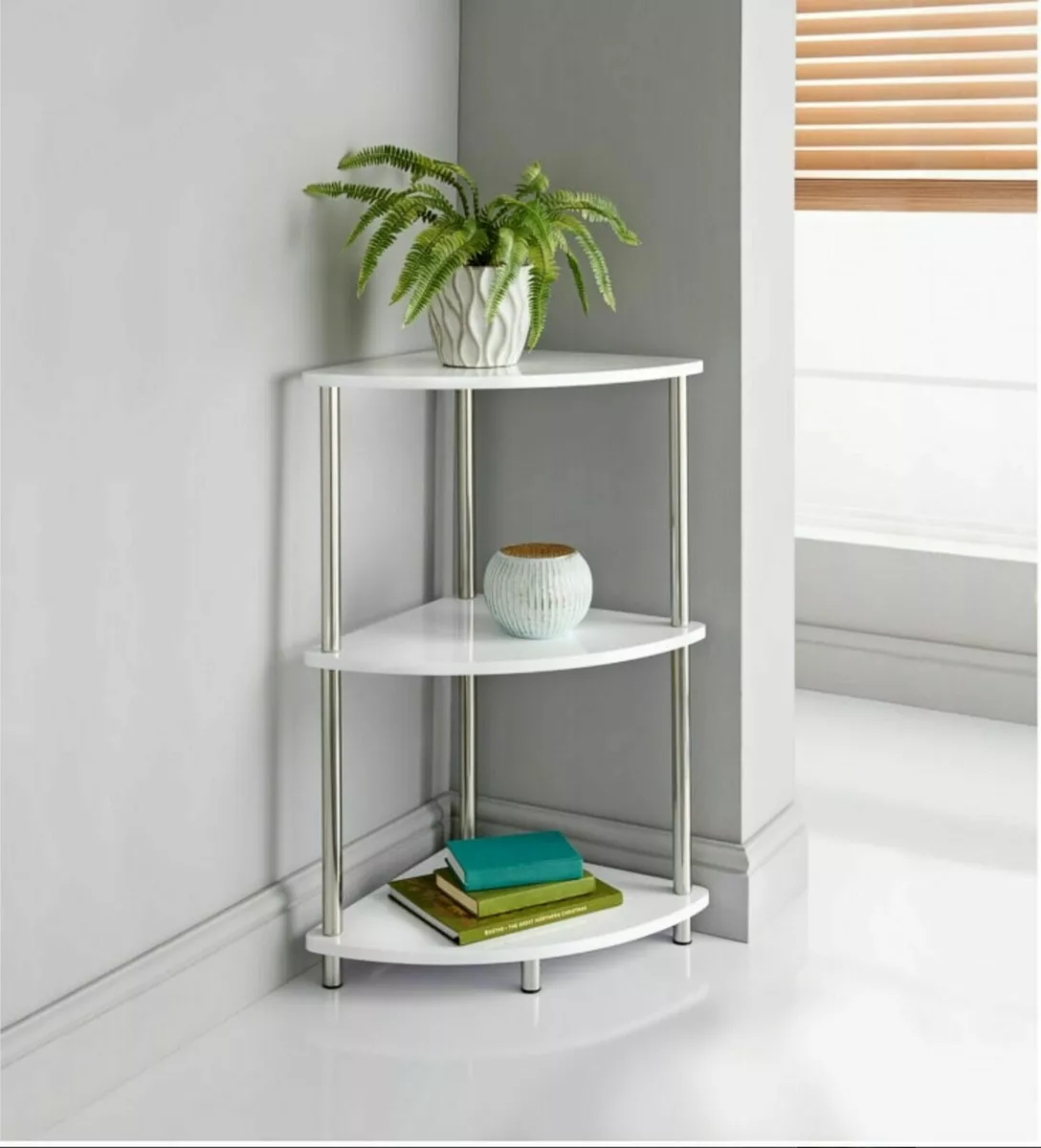 3 Tier White High Gloss Table Corner Storage Shelves Unit