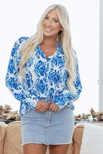 Sky Blue Ethnic Printed Tie Split Neck Button Front Puff Sleeve Shirt