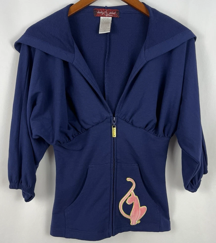 Sudadera con Capucha Para Mujer Y2K Baby Phat Cremallera Azul Marino Rosa Cuello en V Manga Dolman Pequeña Rara Foto 2 de 4