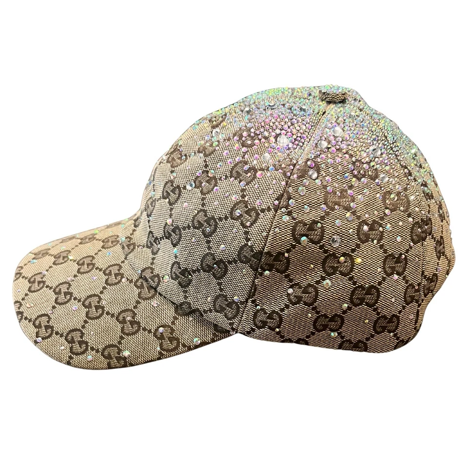 Chapéu de beisebol ajustável Gucci Crystals GG marrom lona - Imagem 4 de 4