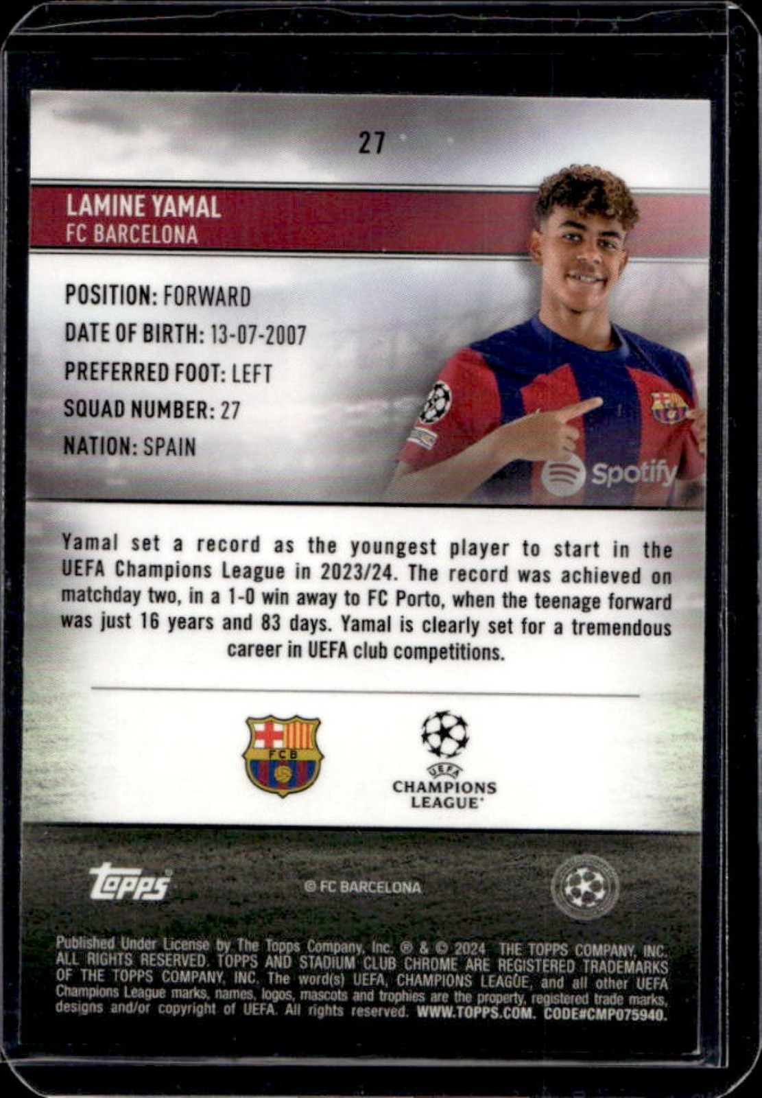 2023-24 Topps Stadium Club Chrome UEFA Lamine Yamal RC Rookie #27 Barcelona view 2